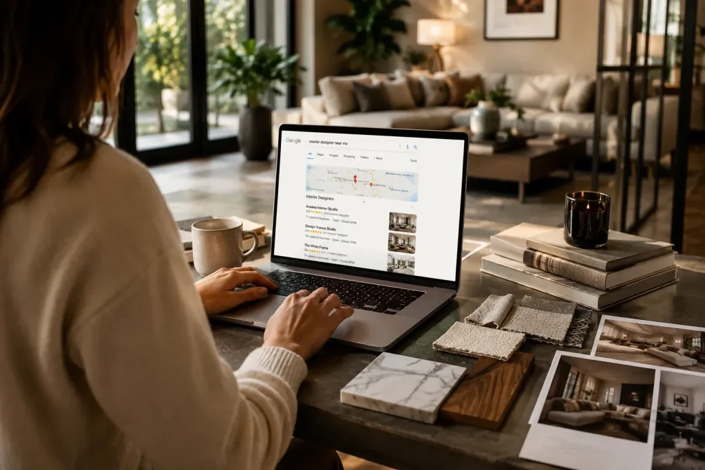 Interior designer searching on laptop