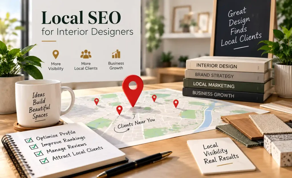 A workspace showing a local SEO strategy for interior designers,