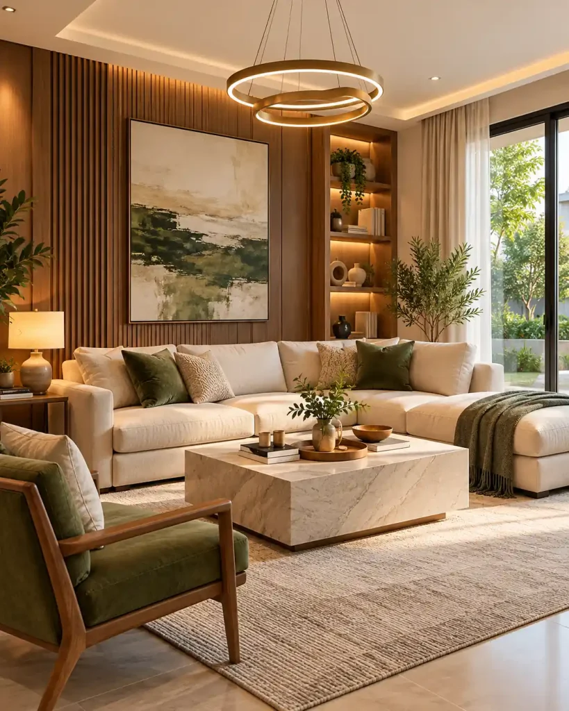 Beautifully designed living room with cream sofas